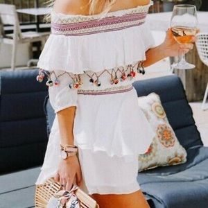 Red Carter Pom Trim Ruffle Dress / Sizes M, L